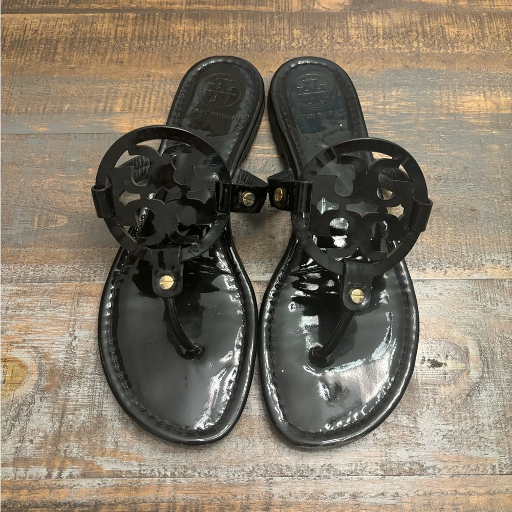 Tory Burch black patent miller sandals
